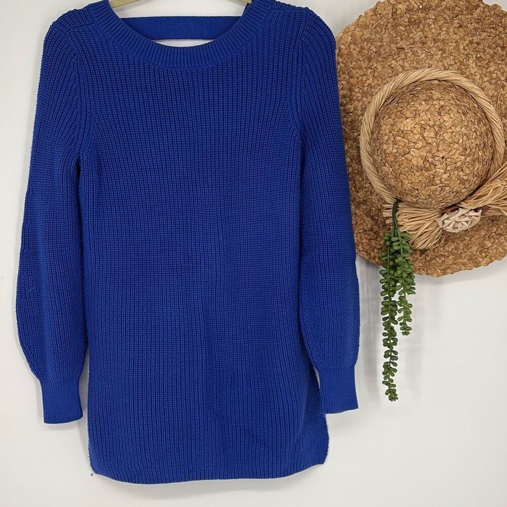 Loft Shaker Chunky Knit Open Back Keyhole Side Slit Sweater Cobalt Blue S